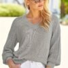 Solid V Neck Pointelle Knit Sweater, Casual 3/4 Sleeve Loose Sweater, Women's Clothing