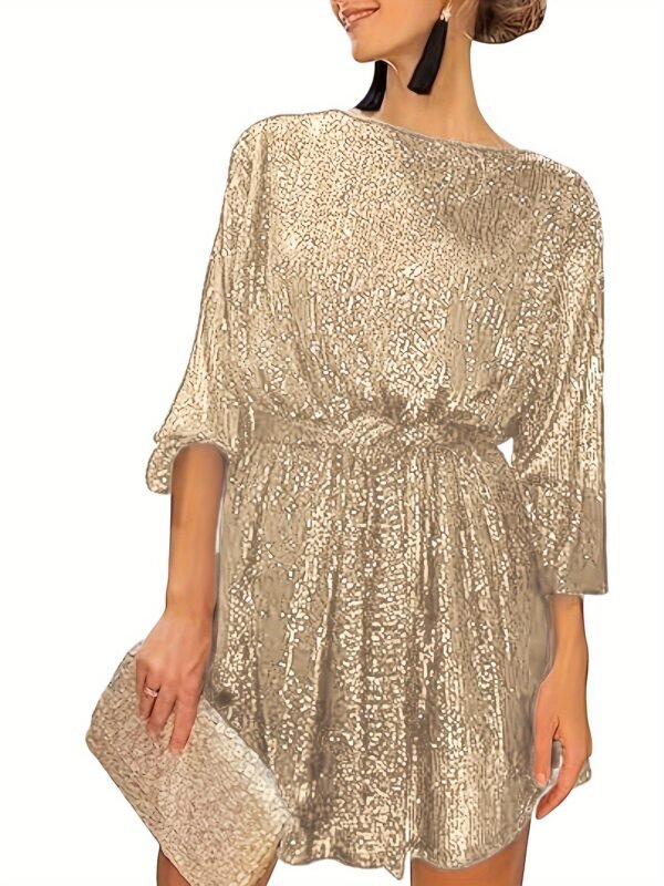 Sequined Tie Waist Dress, Elegant Solid Dress For Club & Party, Women's Clothing