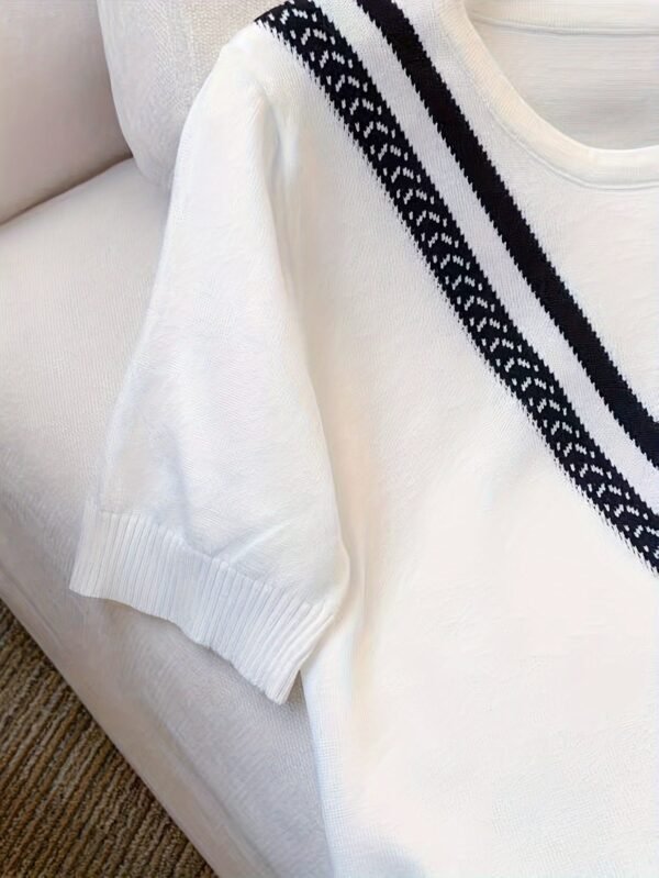 Color Block Crew Neck Knitted Sweater, Casual Short Sleeve Top For Spring & Summer, Women's Clothing