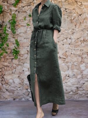 6ac0bc59b0b5ff98d730812797de5d58-1.jpg Button Front Tie Waist Dress, Elegant Solid Color Pocket Collared Dress For Spring & Fall, Women's Clothing