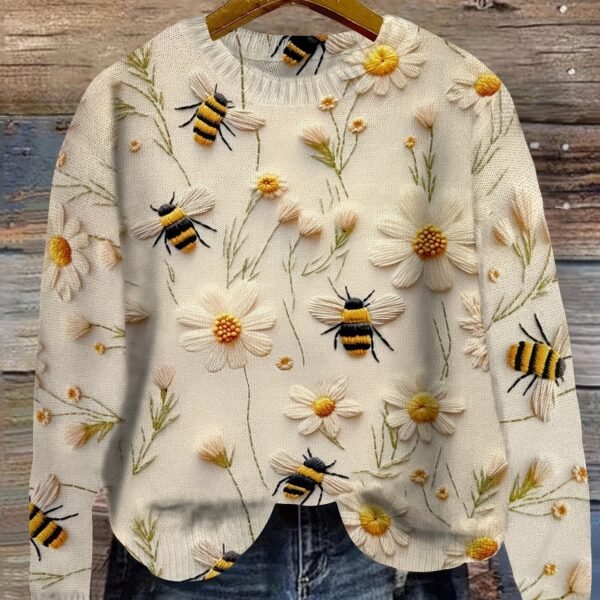 Flower & Bee Pattern Sweater, Versatile Crew Neck Long Sleeve Sweater For Spring & Fall, Women's Clothing