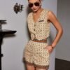 Geo Print Matching Two-piece Set, Casual Sleeveless Botton Front Vest Jacket & Loose Shorts Outfits, Women's Clothing