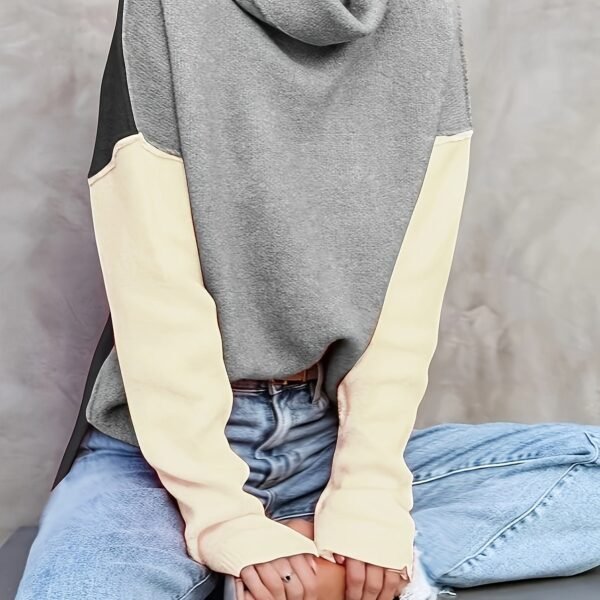Color Block Turtle Neck Pullover Sweater, Casual Long Sleeve Split Side Sweater For Fall & Winter, Women's Clothing