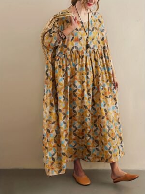 Plus Size Colorful Geo Print Loose Dress, Vacation Style Ruched Ankle Length 3/4 Sleeve Dress For Spring & Summer, Women's Plus Size Clothing