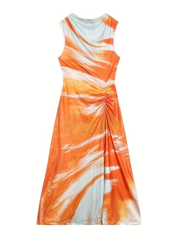 Tie Dye Ruched Tank Dress, Elegant Sleeveless Slim Tank Dress For Spring & Summer, Women's Clothing
