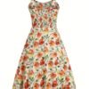 Floral Print Wide Strap Dress, Vacation Style Sleeveless Ruched Bust A-line Dress For Spring & Summer, Women's Clothing