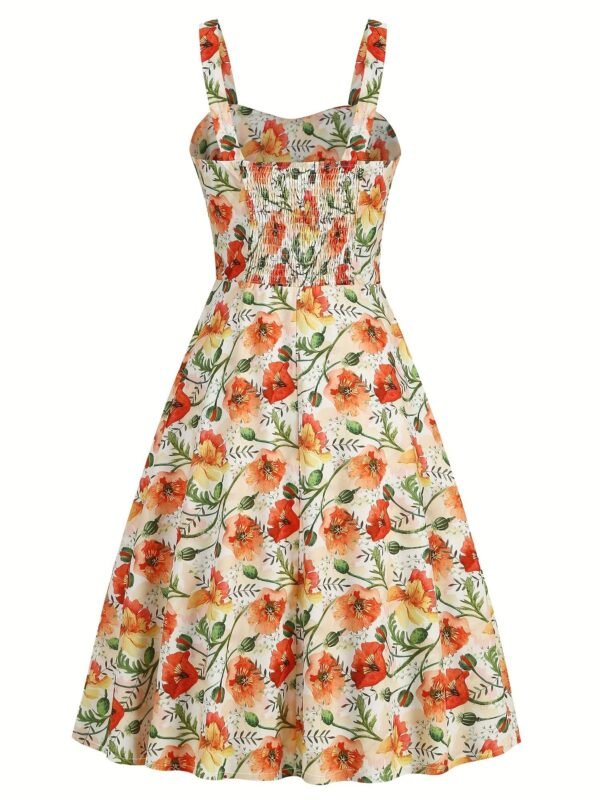 Floral Print Wide Strap Dress, Vacation Style Sleeveless Ruched Bust A-line Dress For Spring & Summer, Women's Clothing