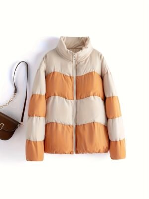 6dc7c1dafcc51d5c31ac76a7fc2745a1-1.jpg Color Block Puffer Jacket For Women, Stand Collar Warn Winter Sports Jacket, Women's Activewear
