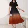 Ombre Crew Neck Pleated Dress, Elegant Short Sleeve A-line Swing Dress For Spring & Summer, Women's Clothing