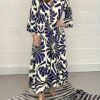 Plus Size All Over Print Tiered Dress, Vacation Button Front 3/4 Sleeve Dress For Spring & Summer, Women's Plus Size Clothing