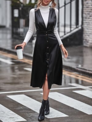 6fbf268a12bfcd4f1d71fdf6586065d5-1.jpg Faux Leather Button Decor Dress, Stylish Plunge Neck A-line Dress, Women's Clothing