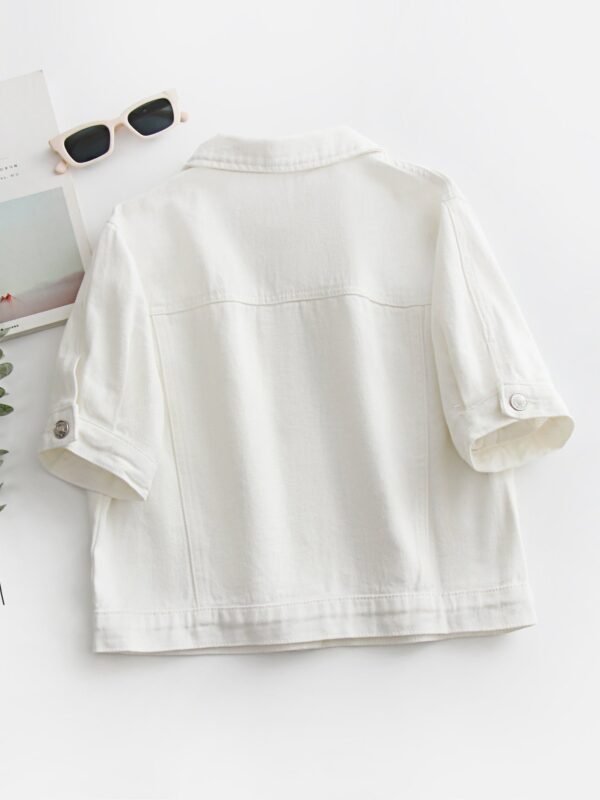 Plain White Short Sleeve Denim Coat, Lapel Single-breasted Flap Pocket Denim Jacket, Women's Denim Jeans & Clothing