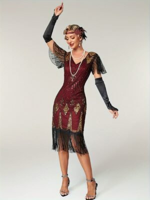 705ca182-0587-430e-a43d-84cec16a60b6-1.jpg Sequin V Neck Dress, Elegant Fringe Hem Dress For Party & Club, Women's Clothing Wedding/Evening dress/Occasion/Engagement/Ceremony