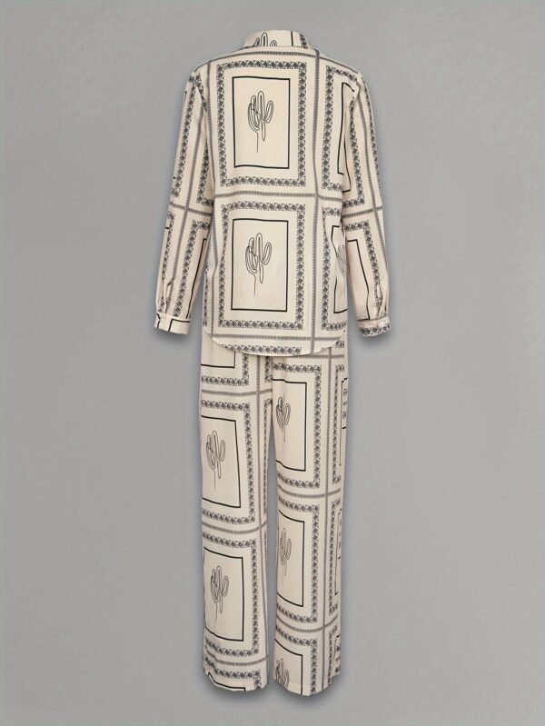 Elegant Abstract Print Pants Set, Long Sleeve Button Front Shirt & Straight Leg Loose Pants Summer Outfits, Women's Clothing