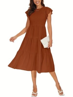 70d2728c-6489-4210-829e-3379c840174a-1.jpg Solid Color Shirred Midi Dress, Elegant Flutter Sleeve Ruffle Hem Dress For Spring & Summer, Women's Clothing
