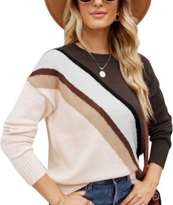 Women Crewneck Knitwear Fashion Colorblock Casual Sweater Loose Fit Pullover Knitwear Warm Soft Fabric Long Sleeve Sweater (Blue)