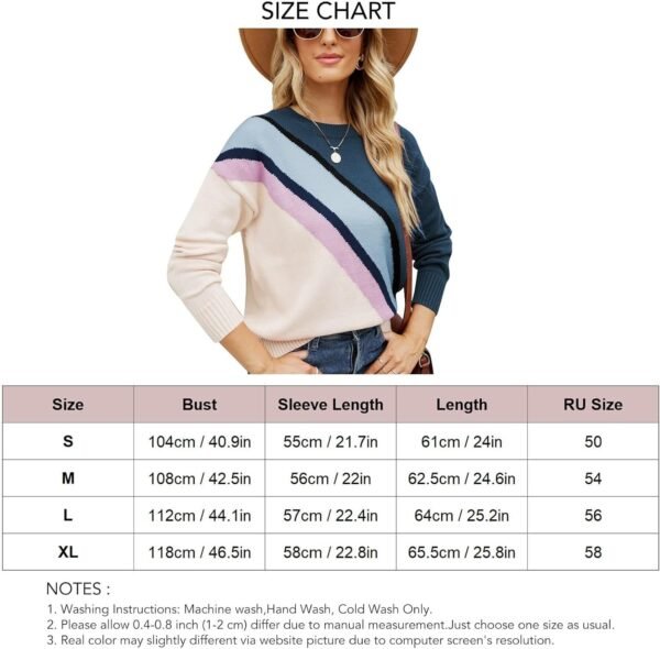Women Crewneck Knitwear Fashion Colorblock Casual Sweater Loose Fit Pullover Knitwear Warm Soft Fabric Long Sleeve Sweater (Blue)