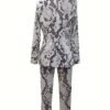 Snake Skin Print Two-piece Set, Single Breasted Lapel Blazer & Straight Leg Pants Outfits, Women's Clothing