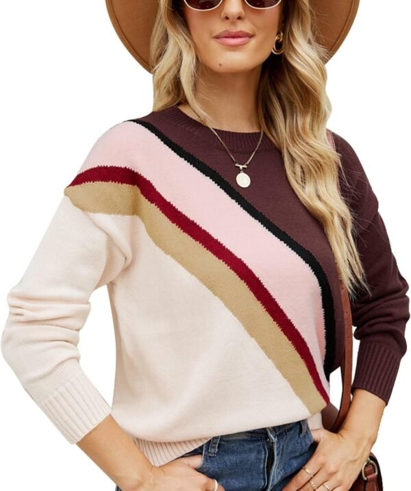 Women Crewneck Knitwear Fashion Colorblock Casual Sweater Loose Fit Pullover Knitwear Warm Soft Fabric Long Sleeve Sweater (Blue)