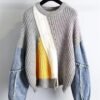 71CsnzYDOkL._AC_SL1440.jpg Fashion Women's Sweater Autumn Winter Contrast Denim Loose Fitting Pullover Street Fashion Casual O-Neck Knitwear Tops