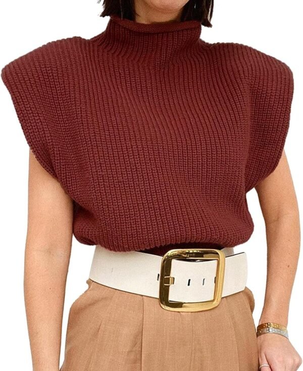 Women's Sleeveless Turtleneck Sweater Vest Shoulder Pad Knitted Tank Top Casual Solid Pullover Tops Knitwear