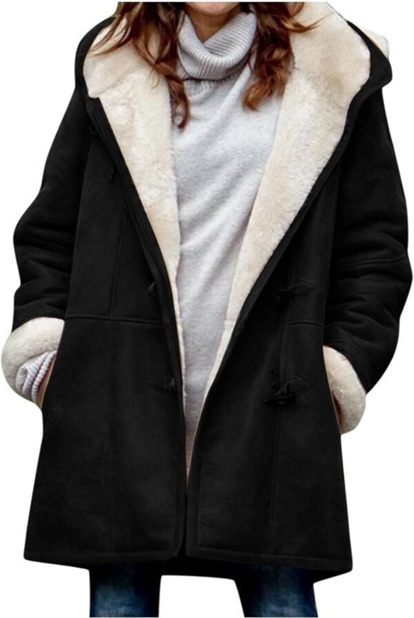 Windproof Sherpa Lined Outerwear for Women Winter, Fashion Fleece Hooded Overcoat with Pockets, Warm and Thicken Parka Jacket