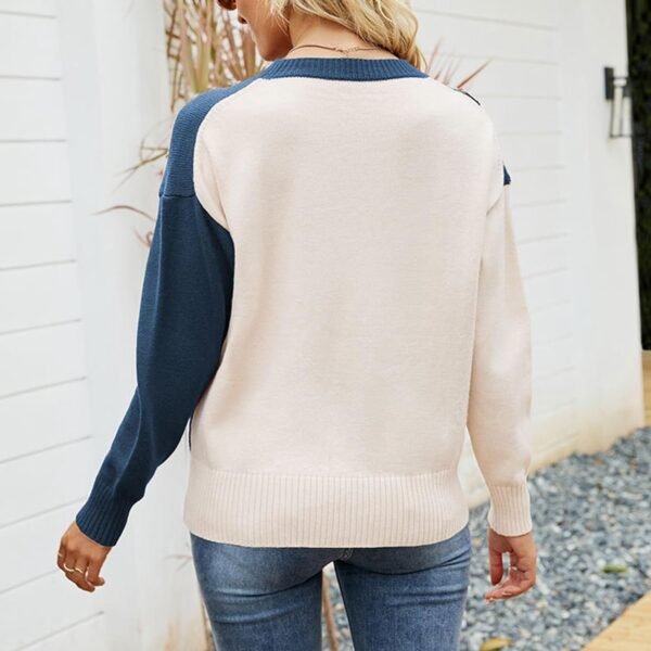 Women Crewneck Knitwear Fashion Colorblock Casual Sweater Loose Fit Pullover Knitwear Warm Soft Fabric Long Sleeve Sweater (Blue)