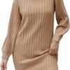 Women Casual High Neck Dress Fall Winter Solid Color Fashion Turtleneck Long Sleeve Sweater Knitwear Elegant Dress