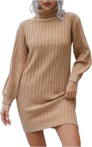Women Casual High Neck Dress Fall Winter Solid Color Fashion Turtleneck Long Sleeve Sweater Knitwear Elegant Dress