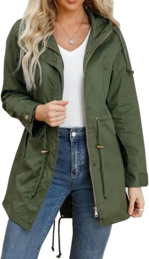 Women's Ligtweight Jackets Anorak Utility Drawstring Waist Hoodie Zip Up Fall Casual Coat with Pockets