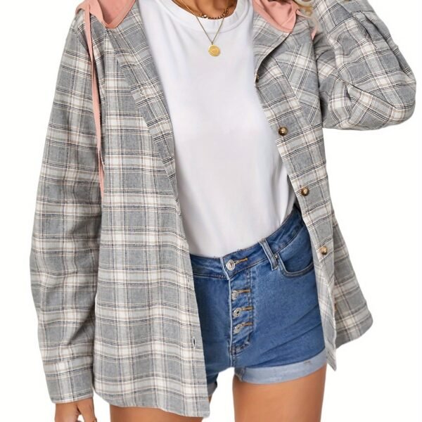 Plaid Print Single Breasted Jacket, Casual Drawstring Outwear For Spring & Fall, Women's Clothing