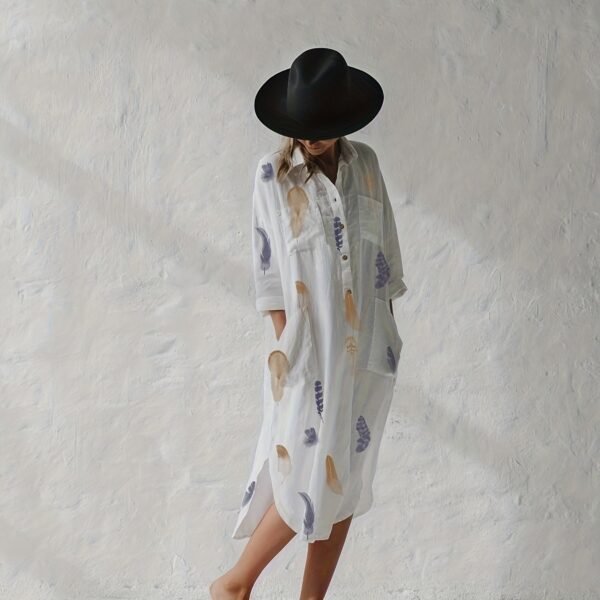 Feather Print Button Front Shirt Dress, Casual Long Sleeve Lapel Pocket Dress For Spring & Fall, Women's Clothing