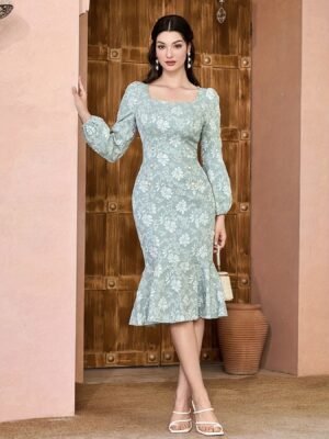 760dbdb24b1b9ec6a5341a85dd3ae94d-1.jpg Allover Floral Print Mermaid Dress, Elegant Long Sleeve Bodycon Dress For Spring & Fall, Women's Clothing