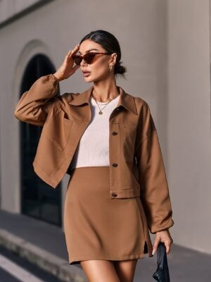 Classy Two-piece Set, Lapel Collar Button Front Shirt & A-line Skirt Outfits, Women's Clothing
