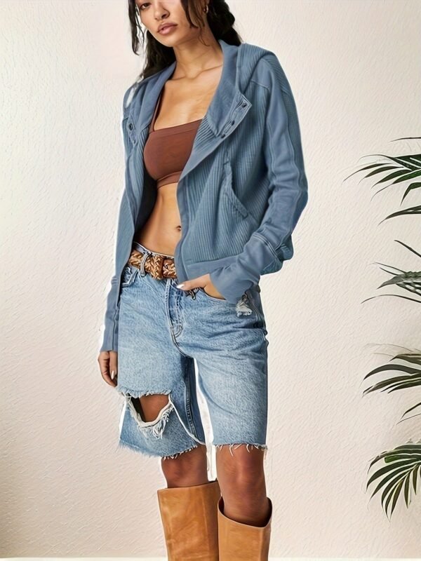 Zip-up Panel Textured Hoodie, Casual Long Sleeve Slant Pockets Jacket, Women's Clothing