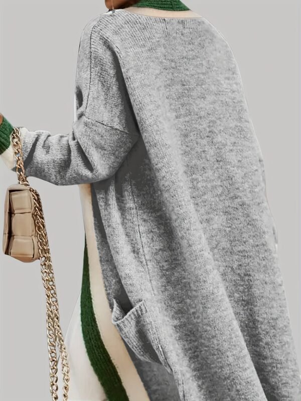 Color Block Open Front Knit Cardigan, Vintage Long Sleeve Long Length Sweater Coat With Pocket, Women's Clothing