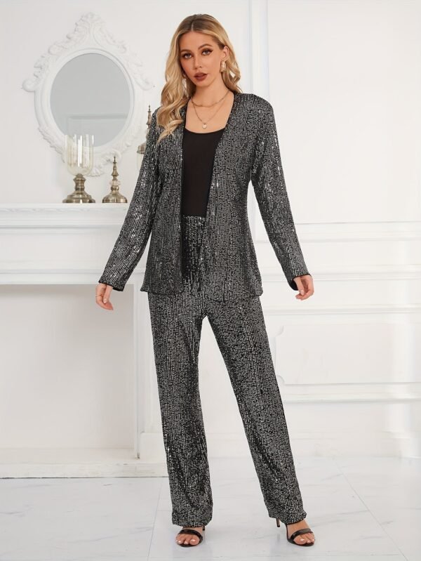 Sequin Decor Two-piece Set, Collarless Long Sleeve Blazer & High Waist Pants Outfits, Women's Clothing