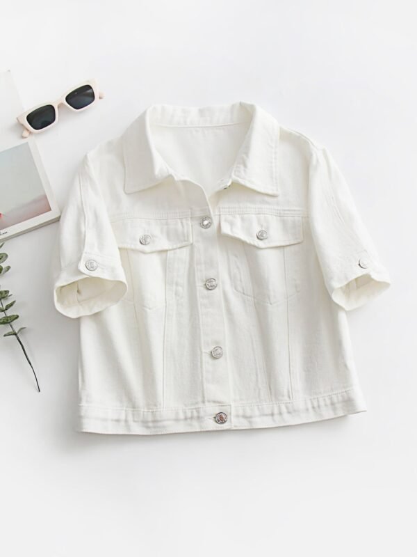 Plain White Short Sleeve Denim Coat, Lapel Single-breasted Flap Pocket Denim Jacket, Women's Denim Jeans & Clothing