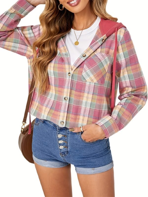 Plaid Print Single Breasted Jacket, Casual Drawstring Outwear For Spring & Fall, Women's Clothing
