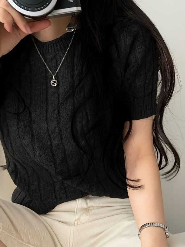 Cable Knit Pullover Sweater, Casual Short Sleeve Knitted Sweater For Spring & Summer, Women's Clothing