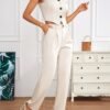 Solid Color Elegant Pants Set, Button Front V N Neck Vest & Pocket Pants Outfits, Women's Clothing