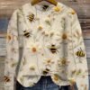 Flower & Bee Pattern Sweater, Versatile Crew Neck Long Sleeve Sweater For Spring & Fall, Women's Clothing