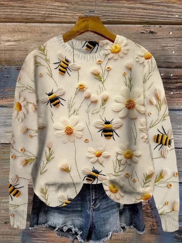 Flower & Bee Pattern Sweater, Versatile Crew Neck Long Sleeve Sweater For Spring & Fall, Women's Clothing