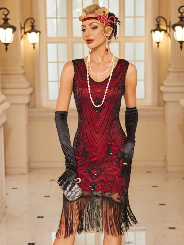 Fringe Hem Sequin Decor Flapper Dress, Retro Sleeveless V Neck Tank Slim Dress For Party & Banquet, Women's Clothing