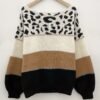 Stylish Color Block Leopard Print Sweater, Crew Neck Long Sleeve Sweater, Casual Tops For Fall & Winter, Women's Clothing