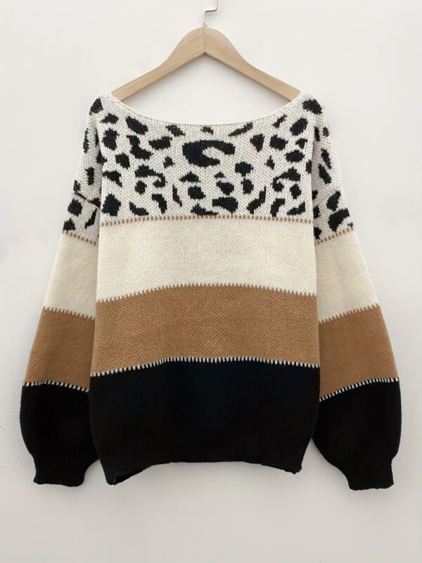 Stylish Color Block Leopard Print Sweater, Crew Neck Long Sleeve Sweater, Casual Tops For Fall & Winter, Women's Clothing