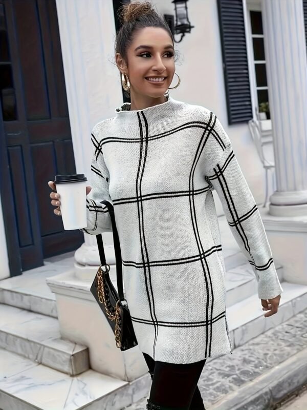 8000949394e217dc7abd833f215696ba-1.jpg Plaid Pattern Knitted Pullover Top, Casual Mock Neck Long Sleeve Sweater For Winter & Fall, Women's Clothing