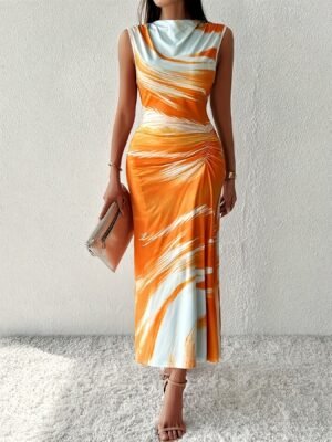 80440424-b62b-4f8e-a114-6ab9503f256f-1.jpg Tie Dye Ruched Tank Dress, Elegant Sleeveless Slim Tank Dress For Spring & Summer, Women's Clothing