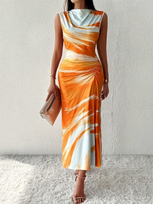 Tie Dye Ruched Tank Dress, Elegant Sleeveless Slim Tank Dress For Spring & Summer, Women's Clothing