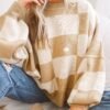 Plaid Pattern Knit Sweater, Casual Long Sleeve Drop Shoulder Pullover Sweater, Women's Clothing